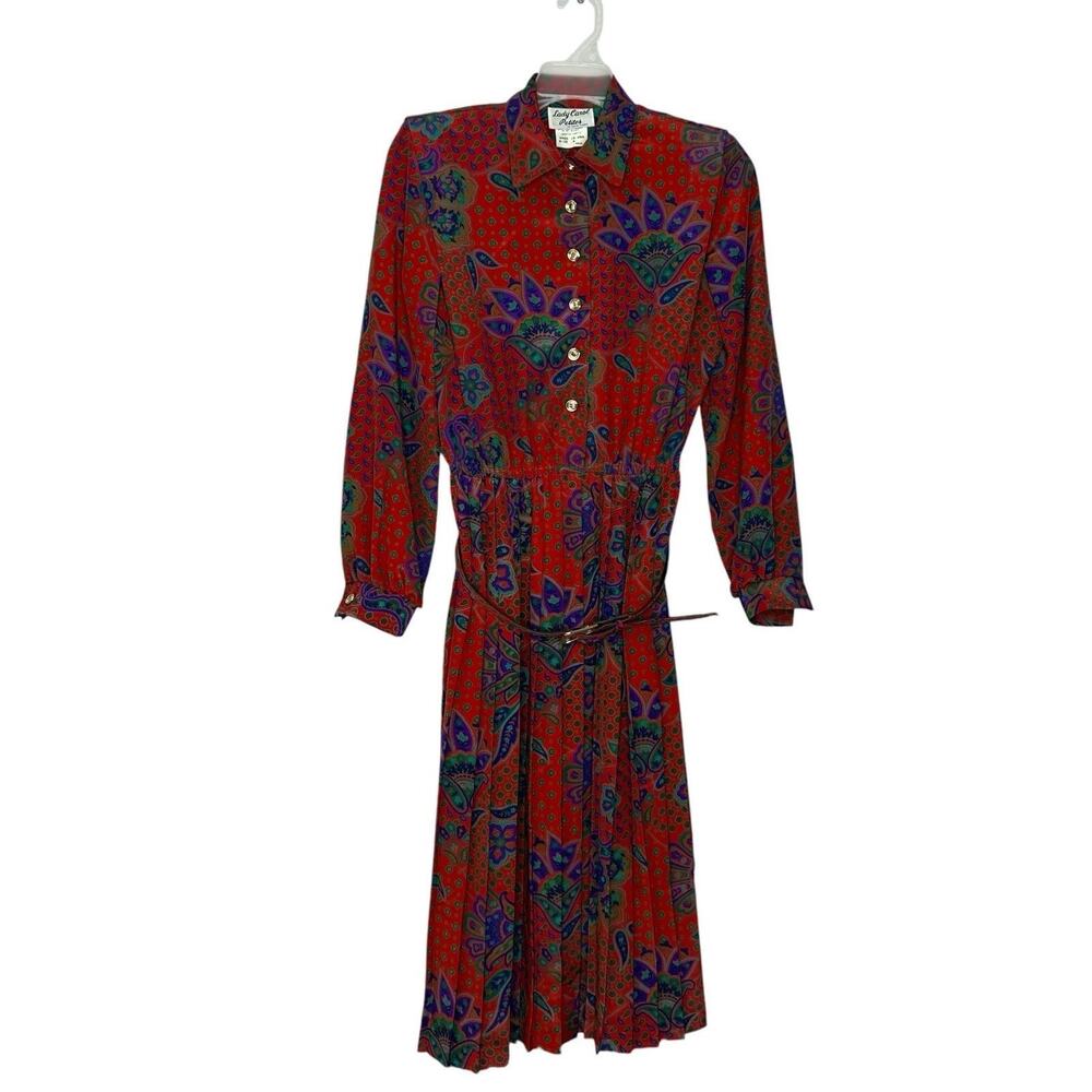 Lady Carol of New York Petites Belted Pleated Shirt Dress Red Green Paisley 4P